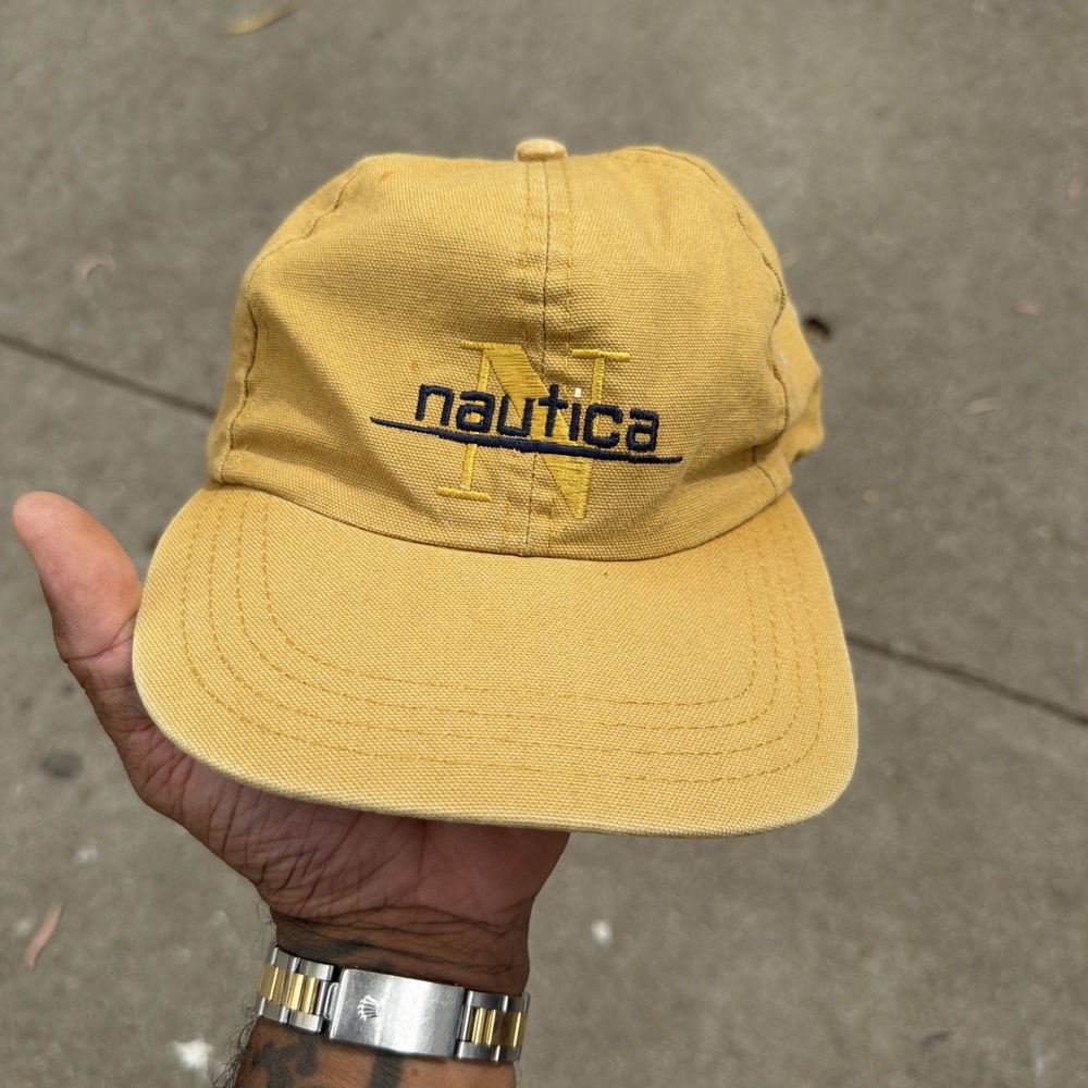 Nautica Expedition Hat Cap Strap Back Tan Embroidered Sail Logo Cotton Canvas